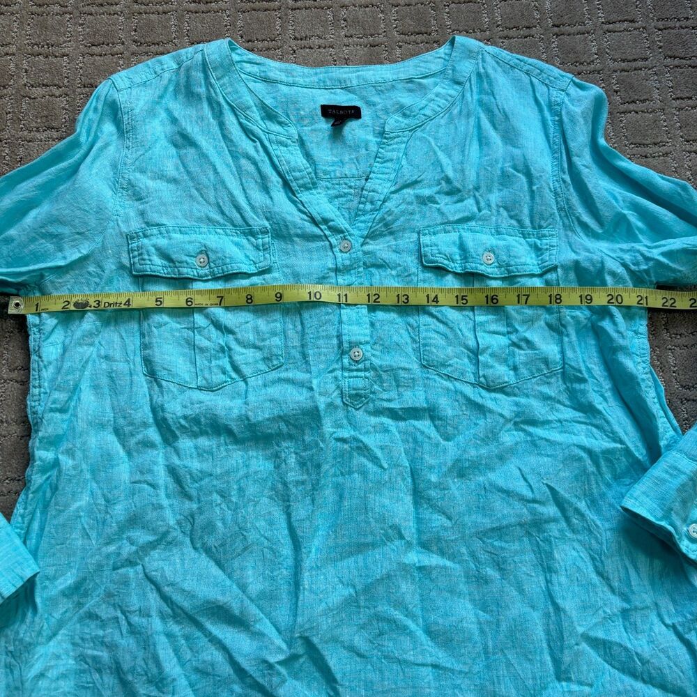 Talbots Linen Button Down Shirt Womens XL Aqua Blue Roll Tab Sleeve Casual Beach - Picture 6 of 6